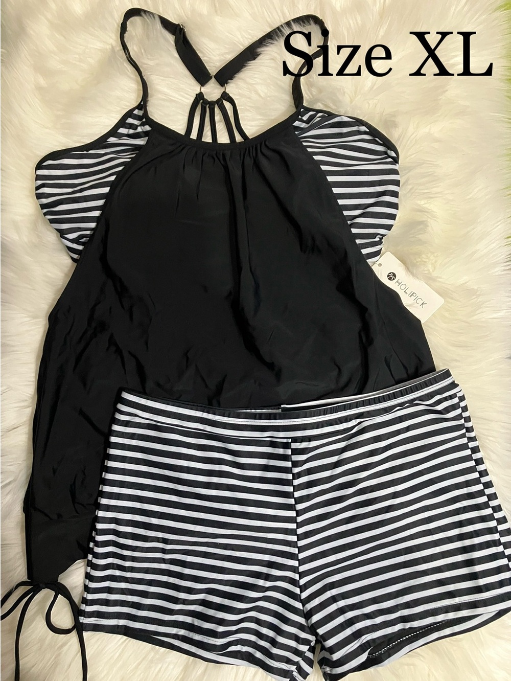 Women’s Black & White Striped Tankini Swimsuit Size XLarge